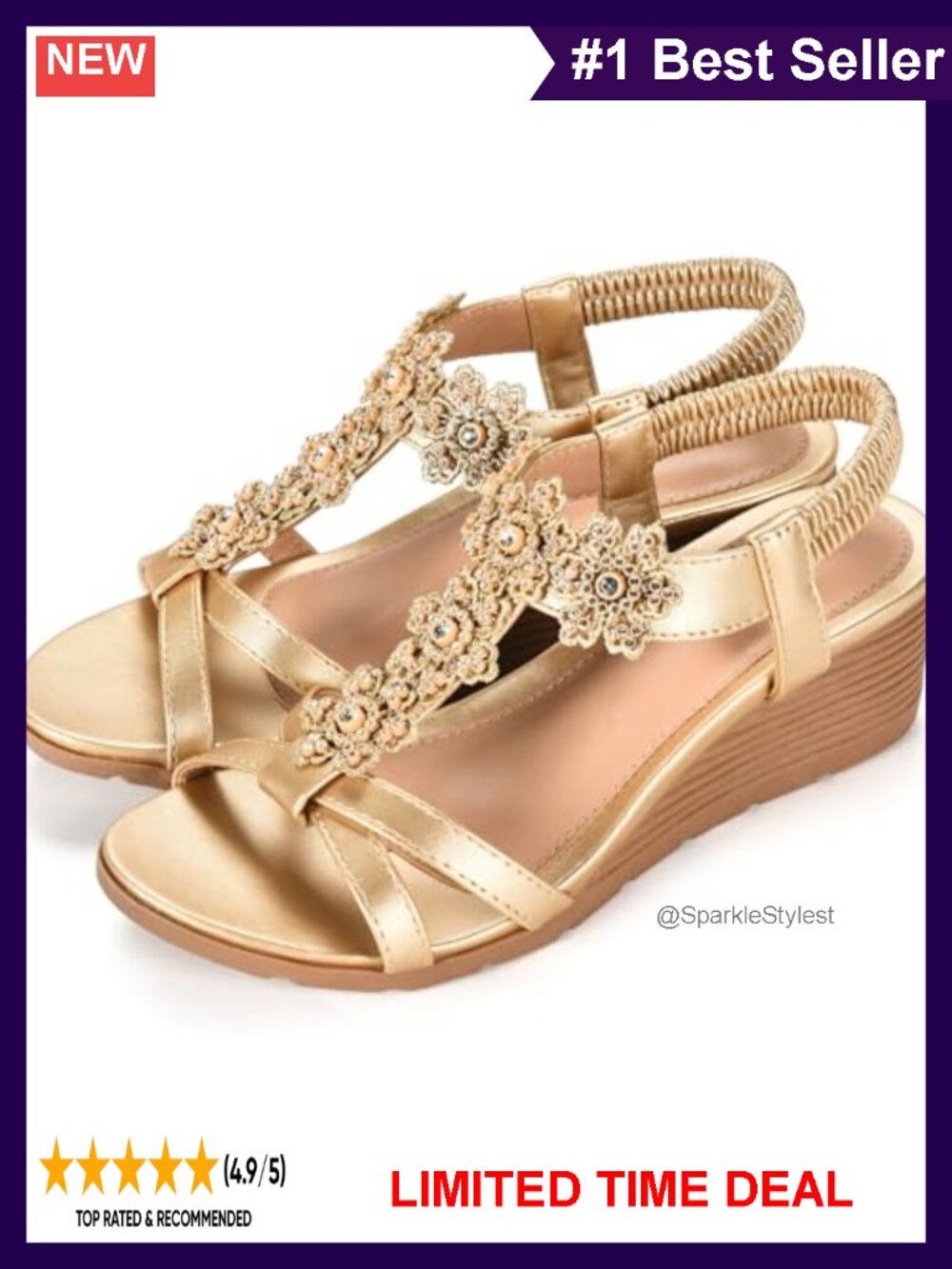Rhinestone Floral Wedge Sandals Faux Leather Open Toe Elastic Backstrap
